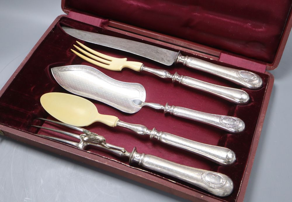 A 19th century French silver and ivory five piece carving and serving set, in original fitted box from Delarue of Rouen